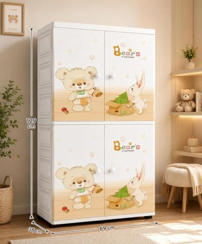 Image of Mevigo 4-Door Plastic Wardrobe for Kids| Almirah and Wardrobe for Baby Clothes| Modular Storage Cabinet with Wheel Organizer for Cupboard Rack for Clothes /Shoes /Books /Toy -White-Cute Bear