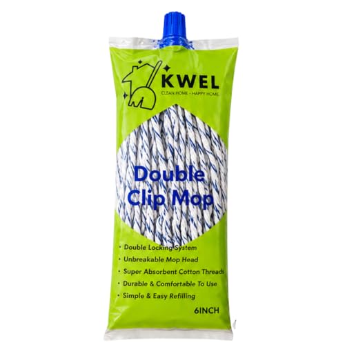 Image of KWEL Double Clip Cotton Mop Heavd 6 Inch, 300 GM | Super Absorbent Wet Mop Head Refill for Home, Office & Kitchen Cleaning | Durable Cotton Threads | Pack of 1(Blue & White)