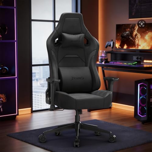Devoko Sedia da Gaming Ergonomica in Pelle Scamosciata, Poltrona da Ufficio Gamer Reclinabile 90°-135°, Braccioli 3D Regolabili, Base in Metallo, Ruote Silenziose, Portata 180kg, Nero