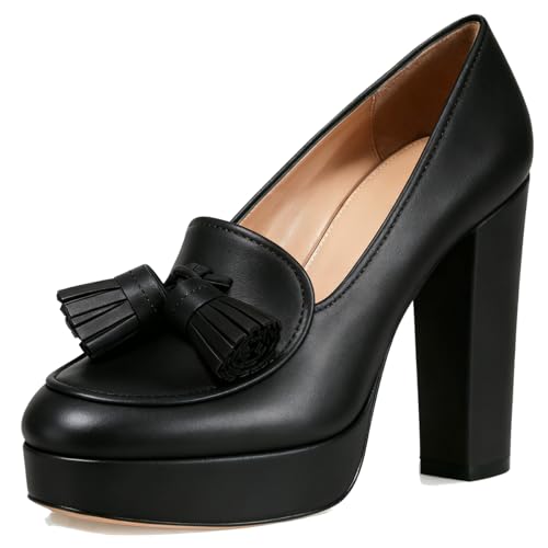 Image of SHODENSE Women Vintage Chunky Platform Loafers Pumps Tassel Round Closed Toe Slip On Suede Block High Heel Dress Loafer Shoes Buckle Strap Oxford Loafers Fringe Pump Dressy Chic Sexy Y2k 4-11 M US