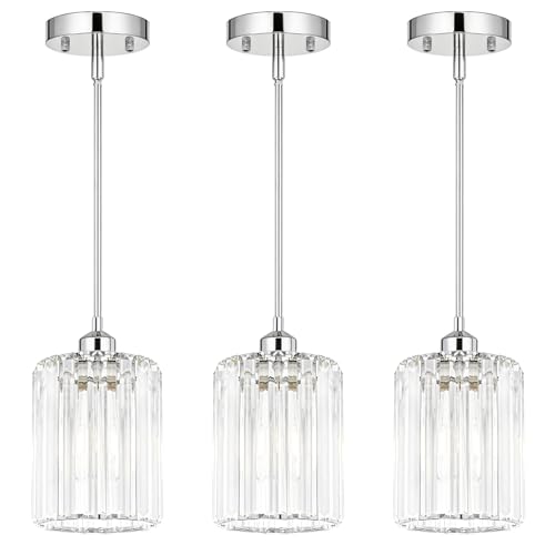 Lxybcce Chrome Kitchen Pendant Lights Over Island with Adjustable Rods - Crystal Pendant Lighting Fixtures 3 Pack, Ideal Over Dining Table or Bar, E26 Bulb Compatible, No Electrician Needed