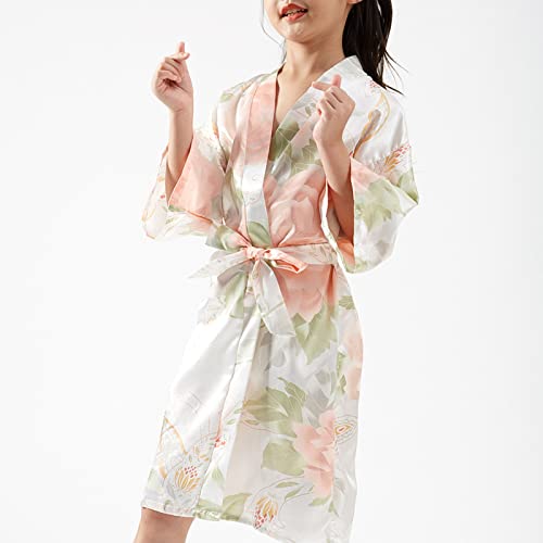 Girls Satin Flower Kimono R𝐨be with Belt Cute Oversized Short Sleeve 𝗽ajamas Dress Bathr𝐨be Gowns F𝐚mily L𝐨unge2