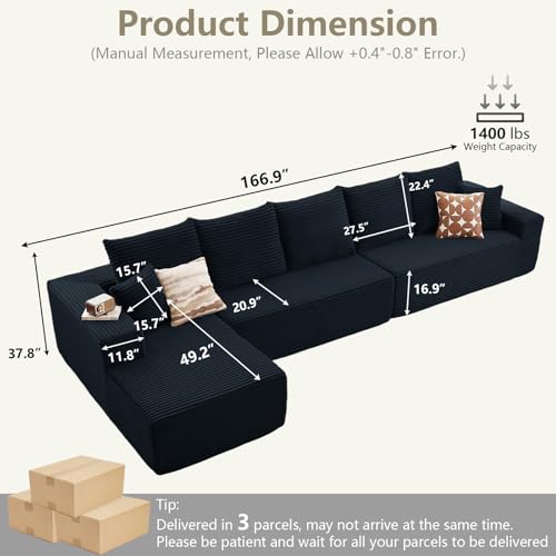 Image of 166.9 inch Cloud Sectional Couch with L-Shape Chaise, Modern Modular Comfy Sofa Chaise Longue, Upholstered Corduroy Couches Sleeper with Deep Seat for Living Room Bedroom, No Assembly Required, Black