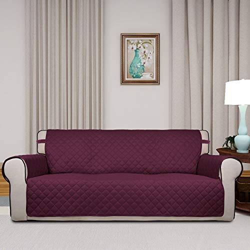 Image of PureFit Reversible Quilted Sofa Cover, Water Resistant Slipcover Furniture Protector, Washable Couch Cover with Non Slip and Elastic Straps for Kids, Dogs, Pets (Oversized Sofa, Wine /Beige)