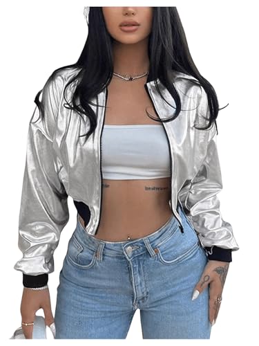 WDIRARA Women's Metallic Zip Up Crop Jacket Long Sleeve Outerwear
