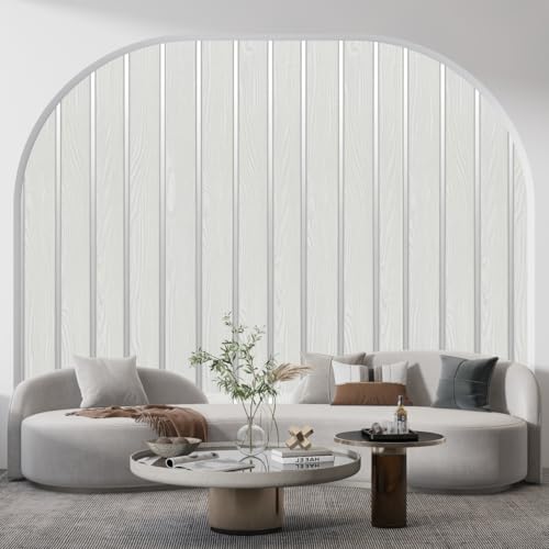 Image of Self Adhesive 3D Wood Panel Wallpaper Roll 45 x 300 cm - Waterproof, Peel and Stick Vinyl Wall Sticker for Living Room, Bedroom, Cabinet & Wall Decor (White Silver Wooden)