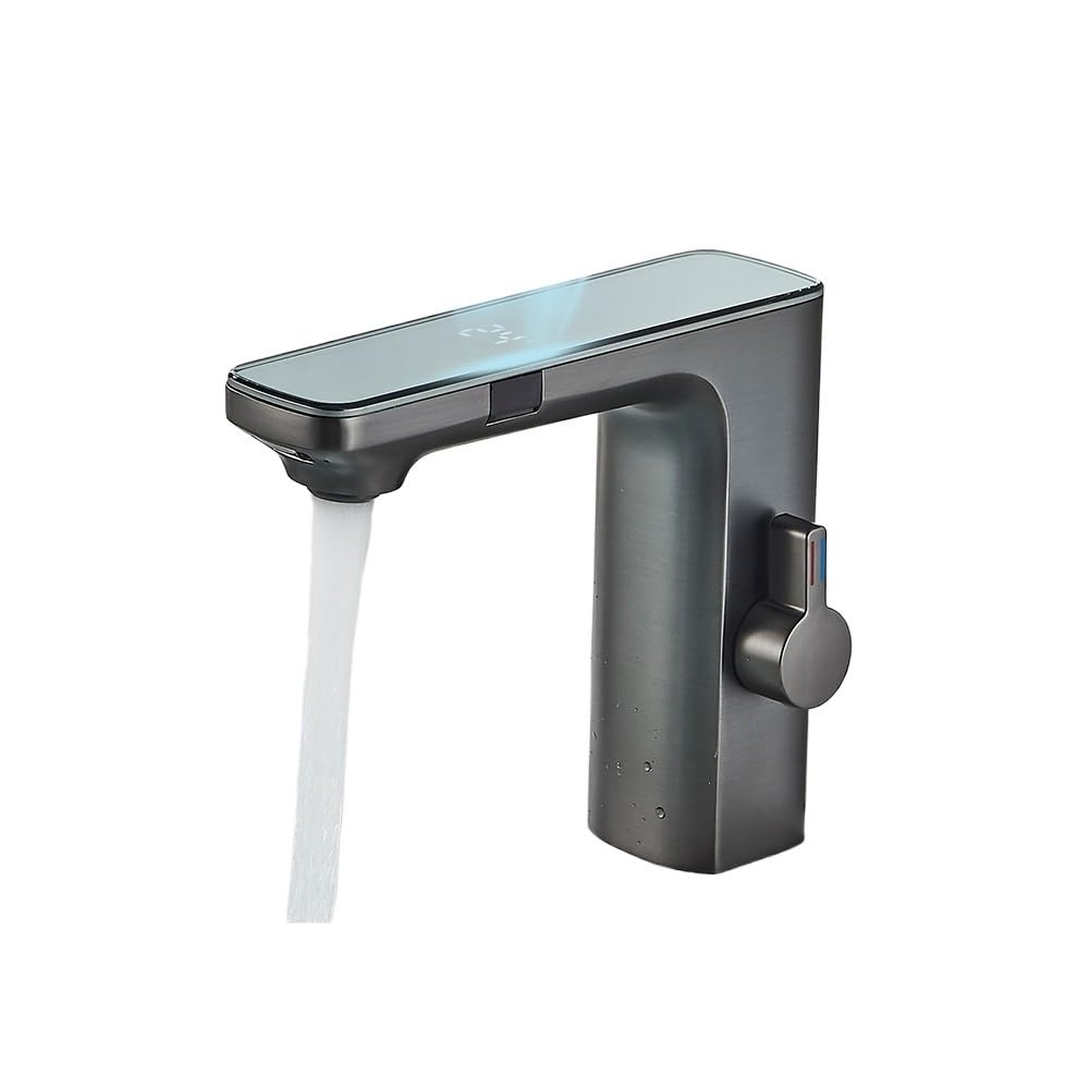 QHQQXN Rubinetto Intelligente con sensore touchless e Display Digitale - Miscelatore da Bagno in Ottone Grigio per Acqua Calda e Fredda - Rubinetto per lavabo Moderno Automatico Touch- per Maggiore