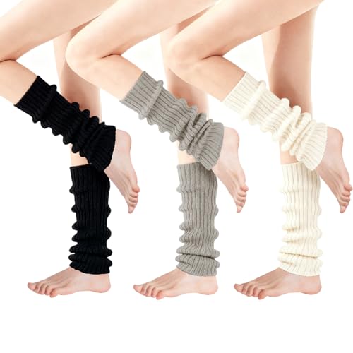 MWRWRR 3 Paar Winter Stulpen Damen 40cm, Gestrickte Leg Warmers, Beinstulpen, Stulpen für Damen, Beinwärmer, Legwarmers für Ballett, Tanz, Yoga, Alltag, Geschenke für Frauen (Weiß/Schwarz/Grau)