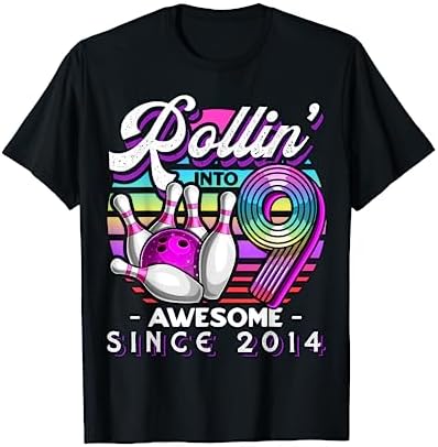 Rollin' into 9 Awesome 2014 Retro Bowling 9th Birthday Girls T-Shirt