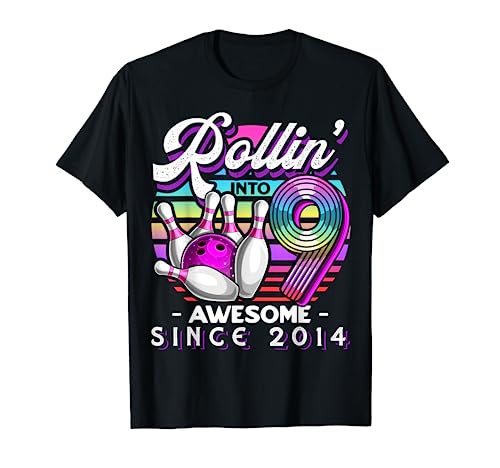 Rollin' Into 9 Awesome 2014 Retro Bowling 9Th Birthday Girls T-Shirt #TOP3