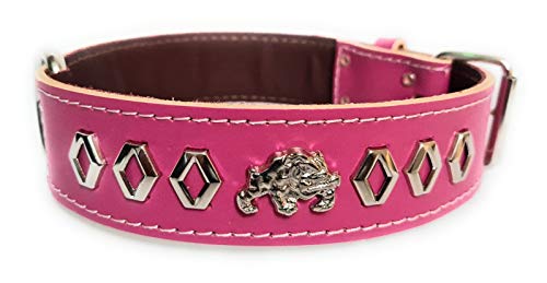 M&D - Collare per cani in pelle, larghezza 3,8 cm, con motivo decorativo e distintivo inglese e britannico Bulldog (S: 40,6 cm - 50,8 cm, colore: Rosa intenso