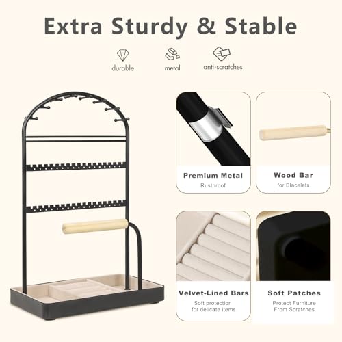 Saydear Multi-Functional Jewelry Holder Organizer Necklace Display Stand Velvet Lined Bar for Rings 2 Tier with 18 Hooks, 32 Earring Holes - Sturdy and Durable, Easy Organization Black — view 4