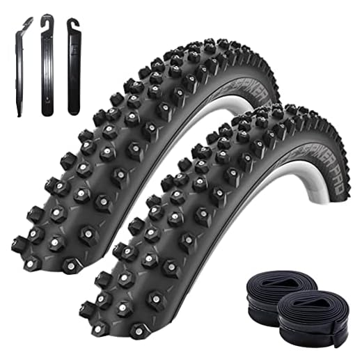 2 x Schwalbe Ice Spiker Pro RaceGuard vinterdäck cykeldäck i svart 54–559 (26 x 2,10) + 2 svala slangar DV13 inkl. 3 däcklyftare