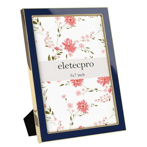 Image of eletecpro 5x7 Enamel Picture Frame Set of 2 with Real Glass Cover, Cute Photo Frame with Gold Metal Edge, Horizontal and Vertical Display Pictures 5 by 7 for Tabletop and Wall Decor, Navy