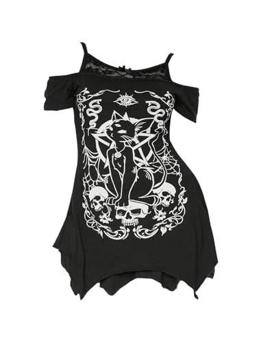 SOLY HUX Women's Plus Size Gothic Cold Shoulder Graphic Tee Shirts Short Sleeve Y2k Tops Festival Rave Outfits Streetwear