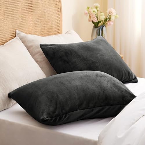 Image of BEDELITE Flannel King Size Pillow Cases Set of 2, Dark Gray, 20x36 Inches