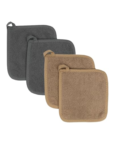 RITZ Terry Potholder & Hot Pad: Unparalleled Heat Resistant, Durable 100% Cotton – Ergonomically Designed for Optimal Grip – Easy-Care Machine Washable – 4-Pack, Mocha/Graphite