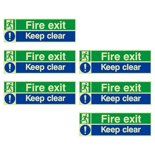 Image of 6 Pcs Fire Exit Keep Clear Sign, Fire Exit Sign Glow in the Dark, 30cm x 10cm Self Adhesive Rigid Plastic, Ideal for Offices Buildings Warehouses and Public Spaces, Easy Installation