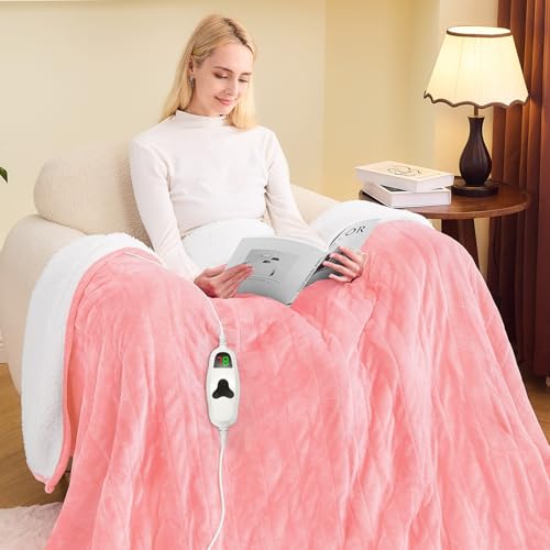 greenoak Heated Blanket Electric Full 72X84 Heating Blanket with 10 Heat Levels 1/2/4/6/8 Hours Auto-Off Soft Flannel Sherpa Warm Heater Christmas Blanket Light Pink