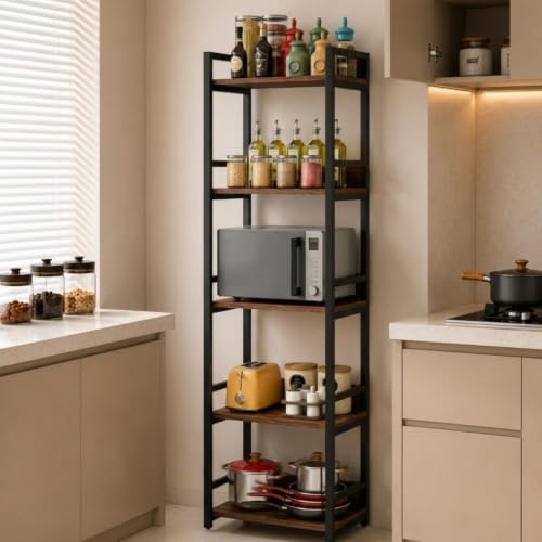 Image of TEKAVO Noxy 5 -Tier Kitchen Organizer Rack|Multipurpose Microwave Stand for Kitchen Platform & OTG Oven|Steel Utensils Storage Shelf with Hooks | Forest Wood, Metal (60x39x166 cm) | DIY