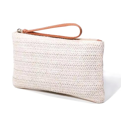 Bolsa clutch feminina de palha - Bolsa de mão boêmia verão praia com zíper, Arroz branco, Compact