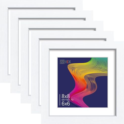 Image of VCK 8x8 Picture Frame 5 Pack, White Wood, 6x6 Mat, Glass, for Photo Print