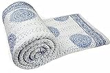 Colcha Kantha Kantha, colcha india Kantha, manta de algodón blanco, colcha hecha a mano, estampado de bloque a mano, manta 100% algodón