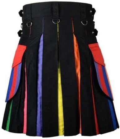 Black Leather Straps Rainbow Pleats Utility Kilts for Men