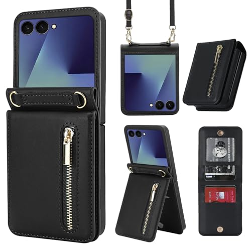 for Samsung Galaxy Z Flip 7 Luxury Zipper Wallet Phone Case, Multi-Function Kickstand Card Holder Adjustable Crossbody Strap, Fashion Flip Case.(Black) Black Samsung Galaxy Z Flip 7