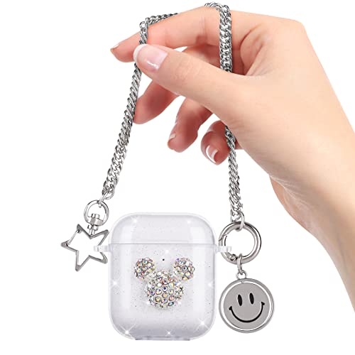 Cute Case For Airpods 1/2 Wtih Kawaii Minni Mouse Smiley Silver Chain Sparkle Glittering Bling Mouse Design Soft Tpu Cover Case Compatible With Airpods 2Nd/1St Gen For Girls Women Kids #TOP28