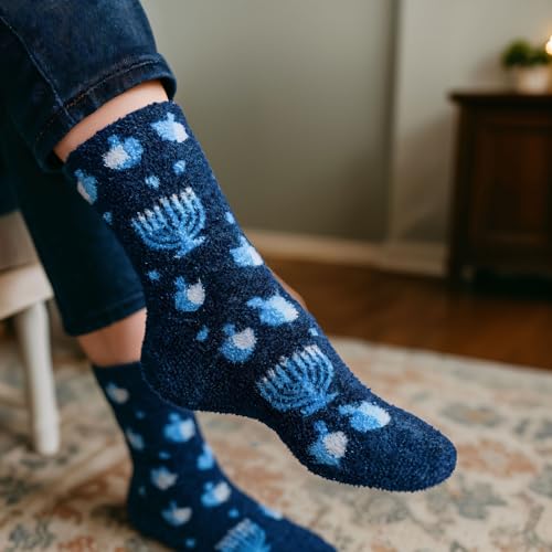 Image of Menorah Hanukkah Fuzzy Socks - Cozy Winter Holiday Crew Socks Unisex Size 10-13 - Soft Festive Blue Menorah with Dreidels - Perfect Warm Gift for Chanukah Celebration Jewish Holiday Party Favors