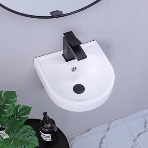 Small Wall Mount Bathroom Sink, 12x12 Inch D-shape Small Floating Sink Modern Ceramic Basin White Round Wall Hung Sink Compact Corner Vanity Sink with Overflow for Apartment RV Bathroom Cover