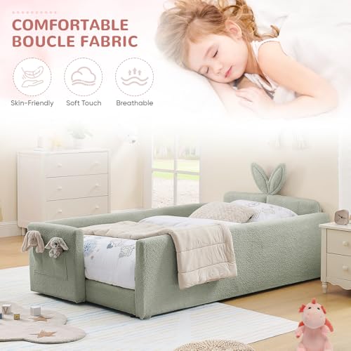 Image of Twin Size Kids Bed with Rabbit Ear Headboard, Upholstered Boucle Fabric Twin Daybed with Slats Support & Side Pockets, Space-Saving Wooden Corner Sofa Couch Bed Frame for Girls, Boys, Teenager(Green)