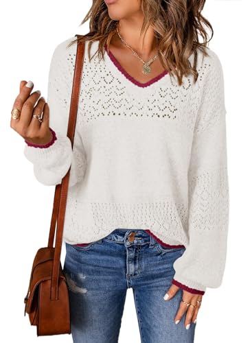 Image of SHEWIN Women's Sweaters Casual Long Sleeve V Neck Crewneck Lightweight Crochet Pullover Sweater Tops