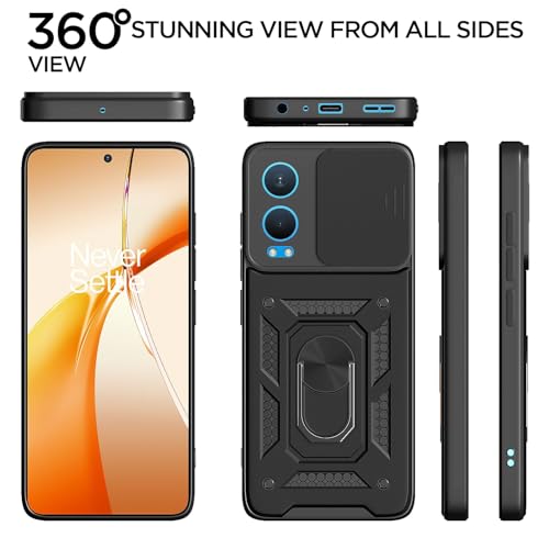 Image of Pikkme D10 Tough Armor Bumper Case | 360 Protection Case | Sliding Camera Shield Cover & Ring Holder Stand Back Cover for OnePlus Nord Ce 4 Lite 5G (Black)