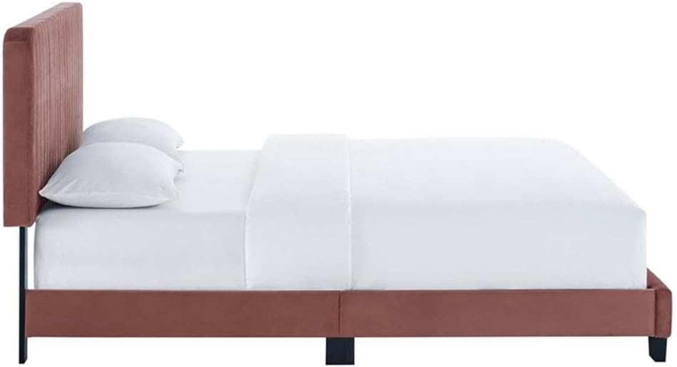 Pemberly Row Twin Platform Bed, Performance Velvet Upholstery, Dusty Rose Pink, Channel Tufted Headboard, Solid Wood Slat Support System, Reinforced Beam, 43.5”H x 43”W x 81.5”D, Kid's or Guest