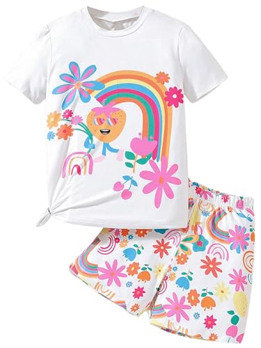 Image of Floerns Toddler Girl's 2 Piece Outfit Cartoon Print Tee Shirts and Track Shorts Sets