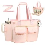 Covkev Teacher Tote Bag with 15.6 Inch Laptop Compartment, Soft Nylon Teacher Utility Bag with Multiple Pocket& Shoulder Strap, Large Work Tote Bag for Office& Teacher Supplies Organizer Women (Pink)