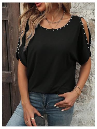 Verdusa Women's Cold Shoulder Beaded Blouse Top Elegant Summer Scoop Neck Dressy T Shirts Tops4