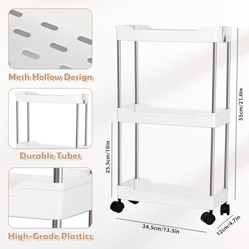 3 Tier Slim Storage Trolley Slide Out Rolling Utility Shelf Rack Storage Cart on Wheels Mobile Shelving Space Organizer with Hook for Small Narrow Spaces Kitchen/Bathroom/Laundry Room/Office,Plastic - Image 2