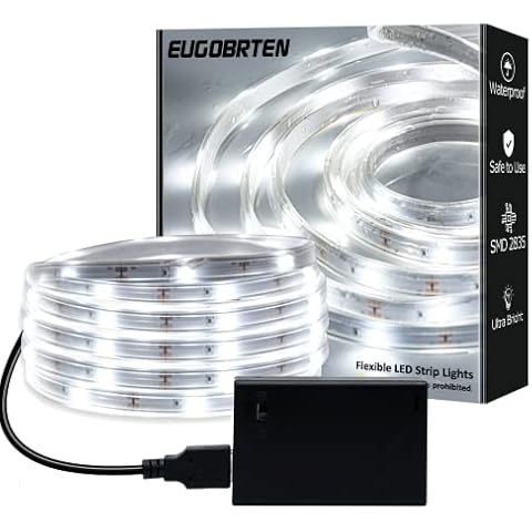 EUGOBRTEN LED Rope Lights Outdoor Waterproof Battery Led Strip Lights, 16.4ft Flexible White Led Strip Lights Battery Powered Brighter Battery Powered White Lights for Camp Party Bedroom TV Cover