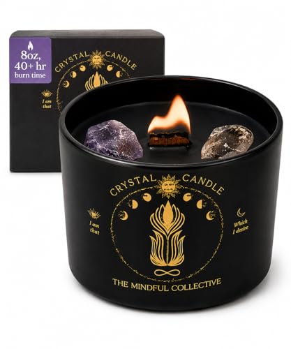 Black Crystal Candle for Women - 8oz Wood Wick Candle that Crackles with Natural Soy Wax. Luxurious Slow Burn for Meditation. Includes Amethyst & Smokey Quartz Crystals