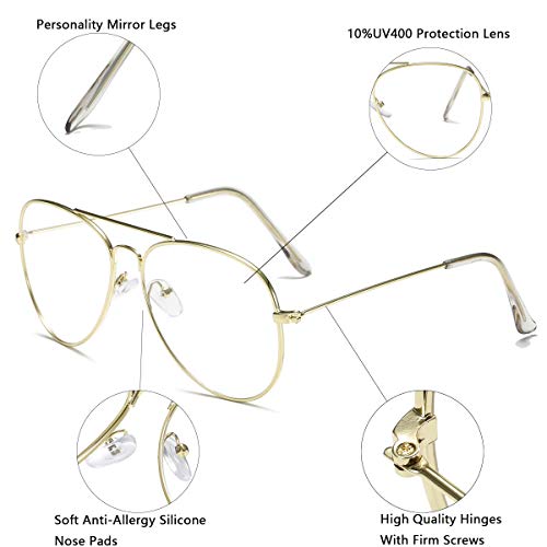 aisswzber Clear Aviator Glasses Lens Premium Classic Metal Frame Eyeglasses - Thumbnail 2