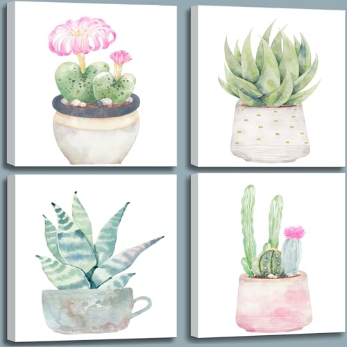 Image of msspart Cactus Bathroom Decor Wall Art, Succulent Pictures Canvas Print, Green Plants Paintings for Bedroom Living room Office Decoration - 12 inch X 12 inch