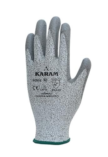 Image of Karam HS62 PU Palm Coated 13 Gauge HPPE Safety Gloves | Cut Resistance with Comfort & Dexterity | Work Gloves with Elasticated Knit Wrist | Size-M | Pack of 2