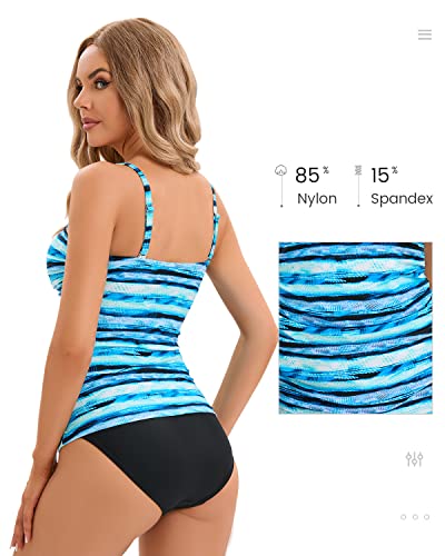 Image of Shuangyu Women's Twist Front Bandeau Tankini Set Two Pieces Ruched Tummy Control Suimsuit with Mid Waist Briefs