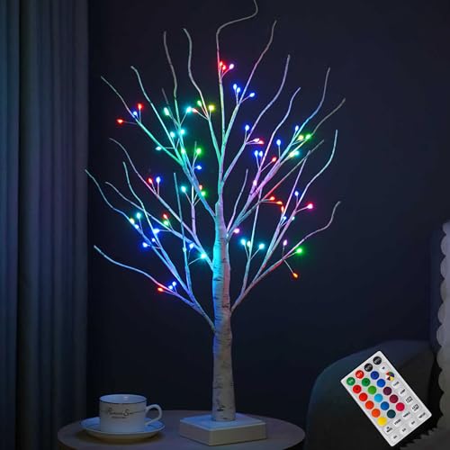 AOLTNRC 2ft Pre-lit Birch Tree with 72 LED Lights & Remote - RGB Color Changing Fairy Spirit Twinkling Tree for Christmas Decorations Indoor, Holiday, Bedroom, Wedding Decor | USB/Battery Powered