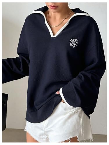 SHENHE Women's Oversized Sweatshirt Collared V Neck Long Sleeve Fall Preppy Pullover Sweatshirt4