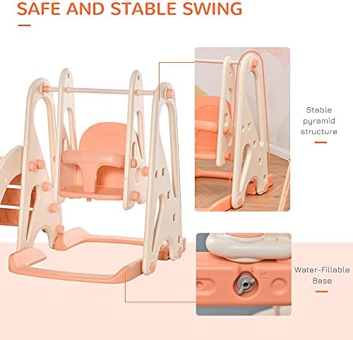 HOMCOM 3 in 1 Design Kids Swing and Slide Set with Basketball Hoop Toddler Playground Play Set Fun Climber Set Activity Center Indoor and Outdoor Play Equipment Pink