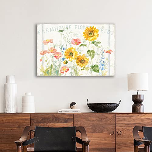 Flower Canvas Wall Art Farmhouse Flower Reeds Canvas Pictures Rustic Yellow Pink Blue Floral Blossom Canvas Painting Vintage Botanical Artwork For Living Room Bedroom Home Office Wall Decor 16" X 12" #TOP4
